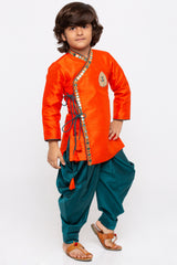 Boy's Cotton Art Silk Kurta Set In Orange