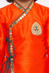 Boy's Cotton Art Silk Kurta Set In Orange