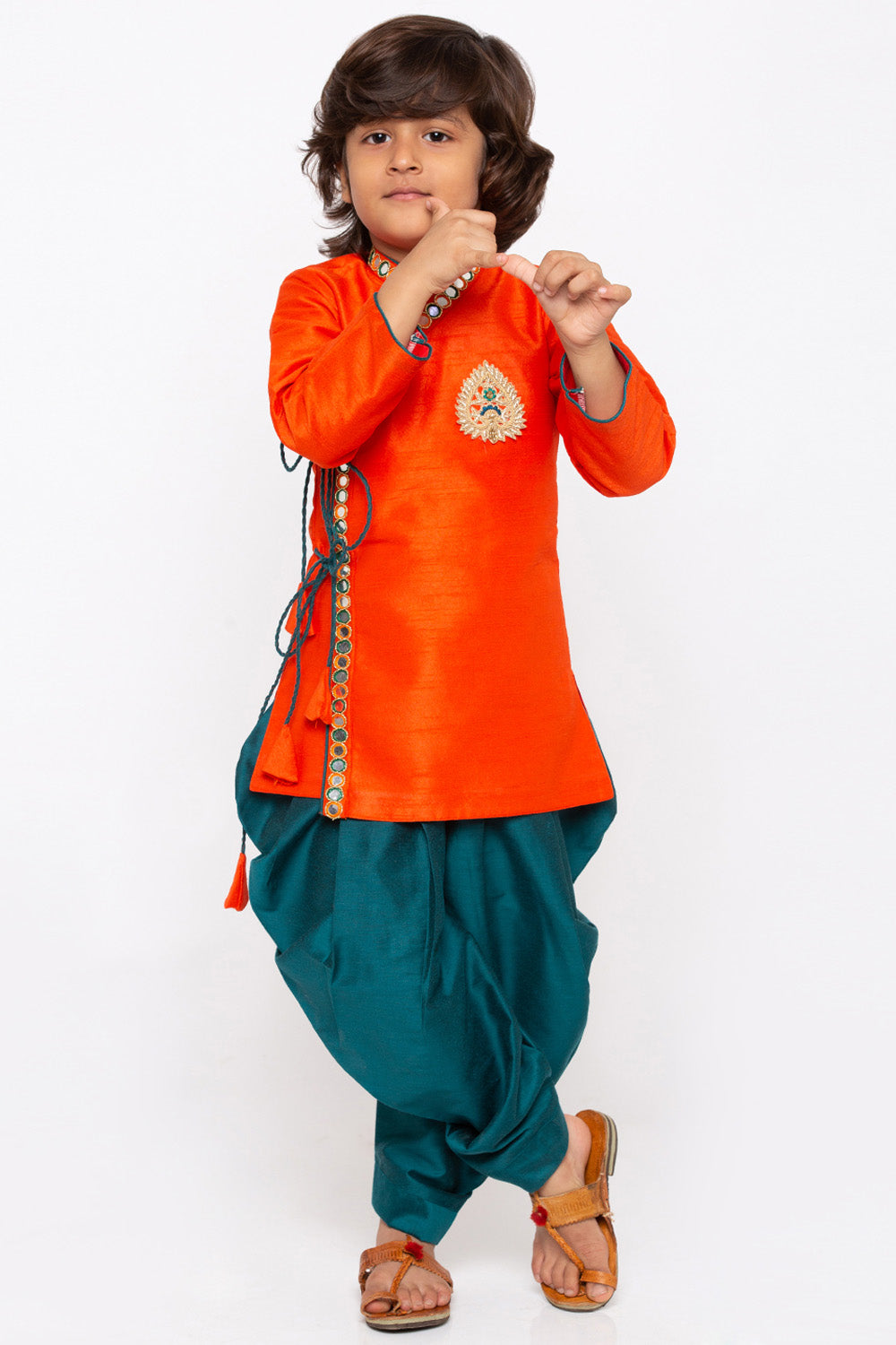 Boy's Cotton Art Silk Kurta Set In Orange