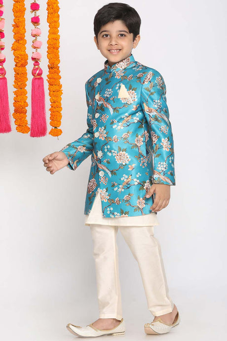 Buy Boy's Viscose Floral Print Indowestern Sherwani Set in Turquoise - Front