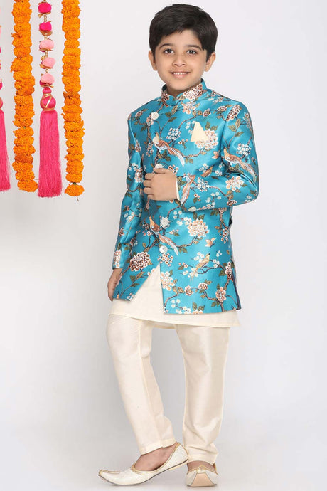 Buy Boy's Viscose Floral Print Indowestern Sherwani Set in Turquoise