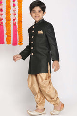 Buy Boy's Jute Cotton Solid Indowestern Sherwani Set in Black - Front