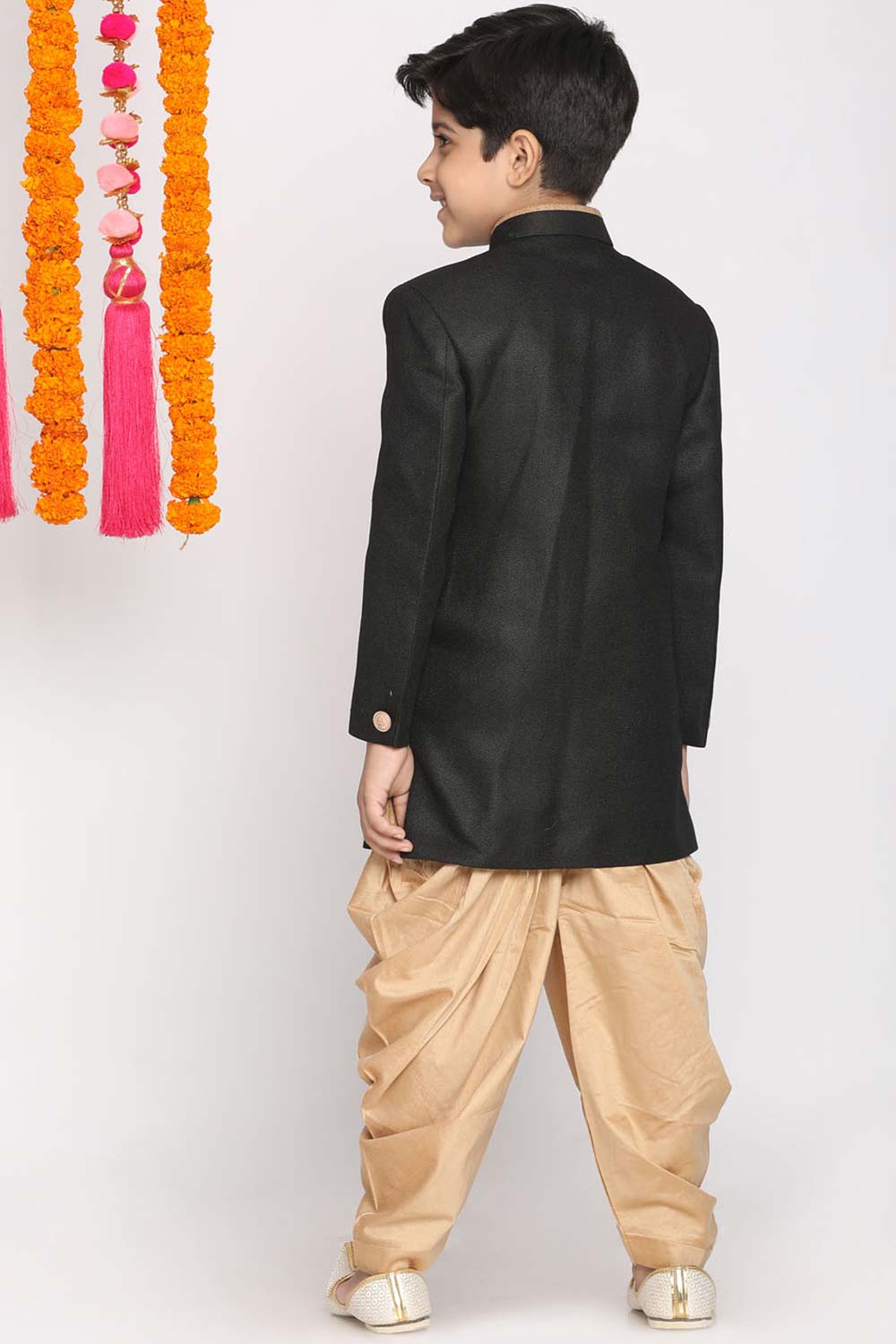 Buy Boy's Jute Cotton Solid Indowestern Sherwani Set in Black - Back