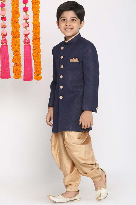 Buy Boy's Jute Cotton Solid Indowestern Sherwani Set in Navy Blue - Front