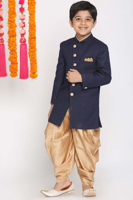 Buy Boy's Jute Cotton Solid Indowestern Sherwani Set in Navy Blue