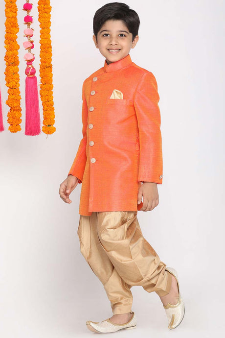 Buy Boy's Jute Cotton Solid Indowestern Sherwani Set in Orange - Front