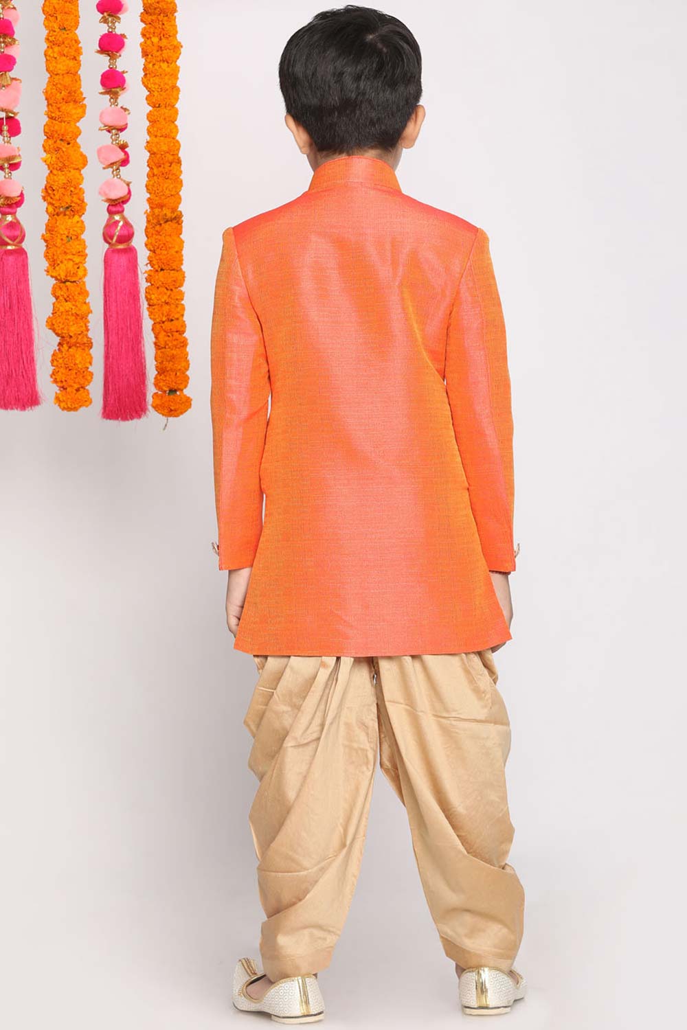 Buy Boy's Jute Cotton Solid Indowestern Sherwani Set in Orange - Back