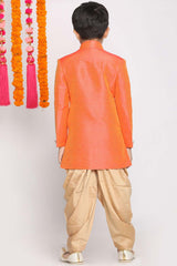 Buy Boy's Jute Cotton Solid Indowestern Sherwani Set in Orange - Back