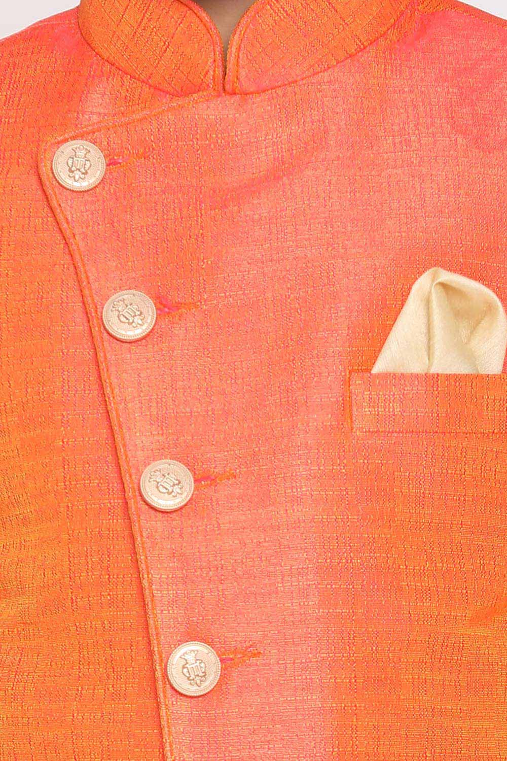 Buy Boy's Jute Cotton Solid Indowestern Sherwani Set in Orange - Side