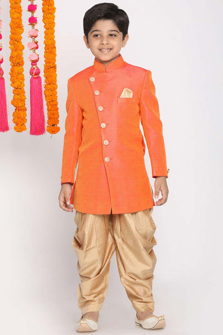 Buy Boy's Jute Cotton Solid Indowestern Sherwani Set in Orange