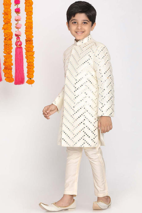 Buy Boy's Silk Blend Woven Design Indowestern Sherwani Set in Cream - Front