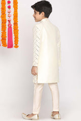 Buy Boy's Silk Blend Woven Design Indowestern Sherwani Set in Cream - Back