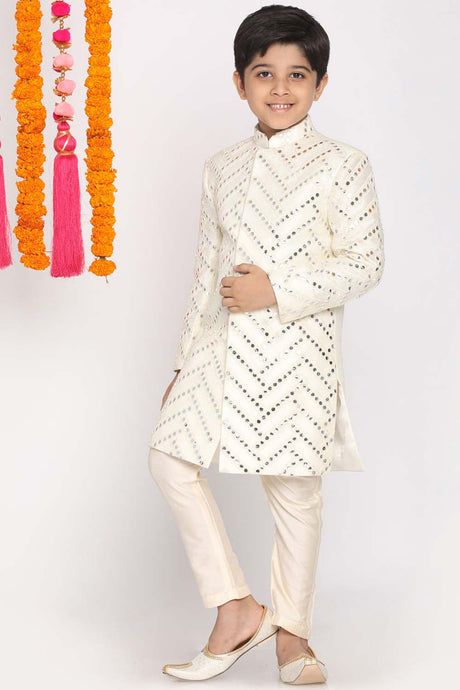 Buy Boy's Silk Blend Woven Design Indowestern Sherwani Set in Cream