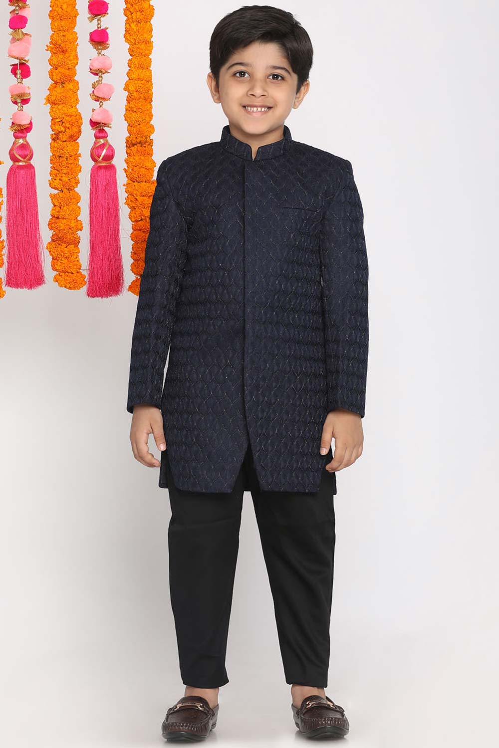 Buy Boy's Silk Blend Textured Indowestern Sherwani Set in Navy Blue - Zoom in