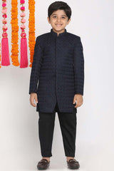 Buy Boy's Silk Blend Textured Indowestern Sherwani Set in Navy Blue - Zoom in