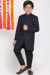 Buy Boy's Silk Blend Textured Indowestern Sherwani Set in Navy Blue