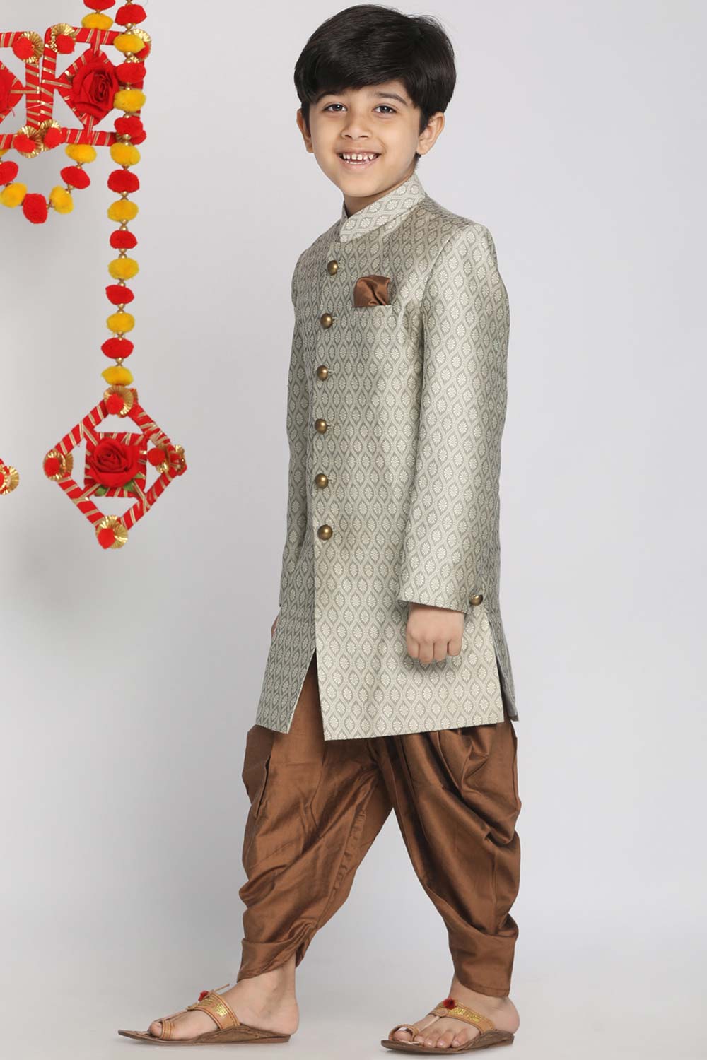 Buy Boy's Silk Blend Woven Design Indowestern Sherwani Set in Beige - Front