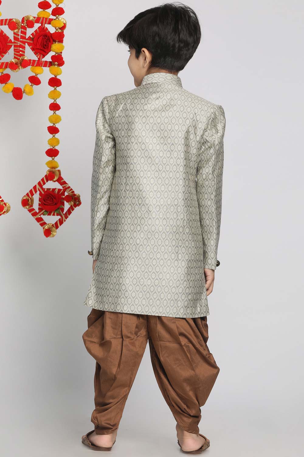 Buy Boy's Silk Blend Woven Design Indowestern Sherwani Set in Beige - Back