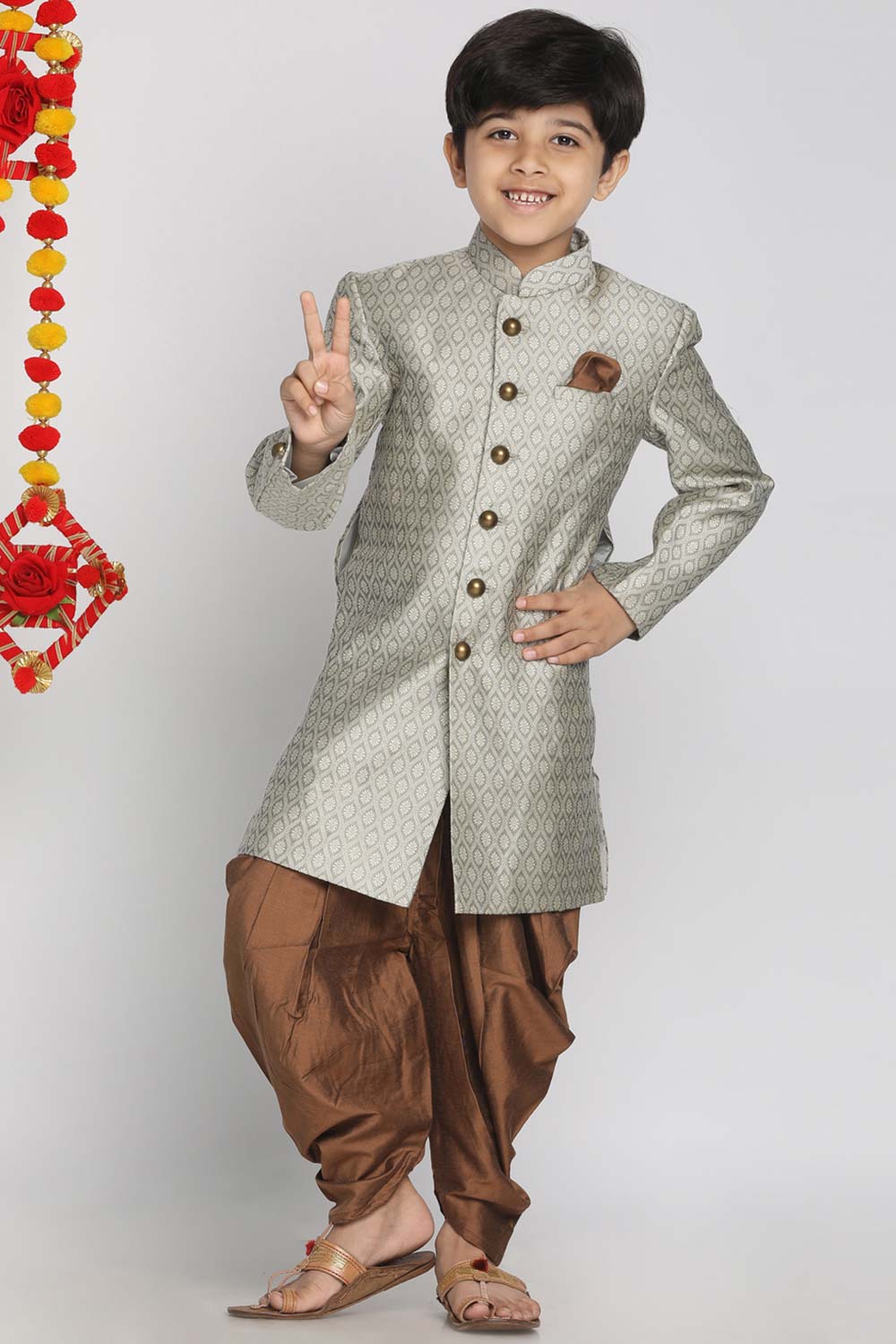 Buy Boy's Silk Blend Woven Design Indowestern Sherwani Set in Beige