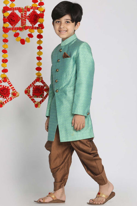 Buy Boy's Silk Blend Woven Design Indowestern Sherwani Set in Green - Front