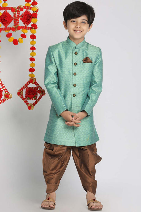 Buy Boy's Silk Blend Woven Design Indowestern Sherwani Set in Green
