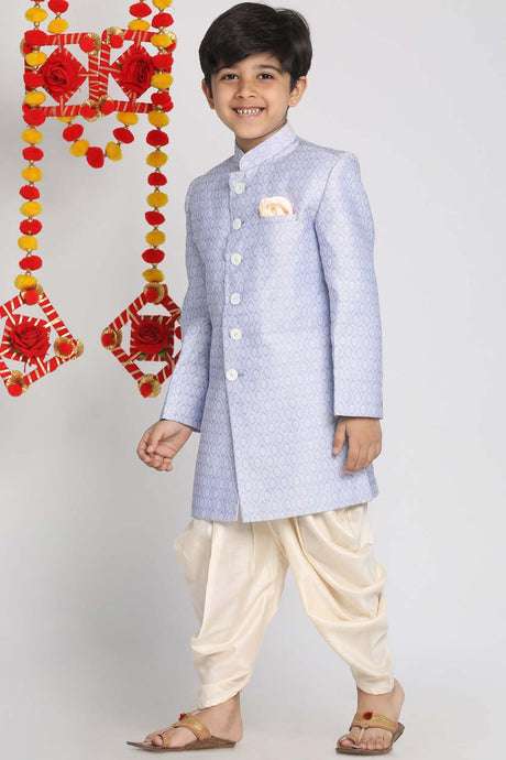 Buy Boy's Silk Blend Woven Design Indowestern Sherwani Set in Lavender - Front