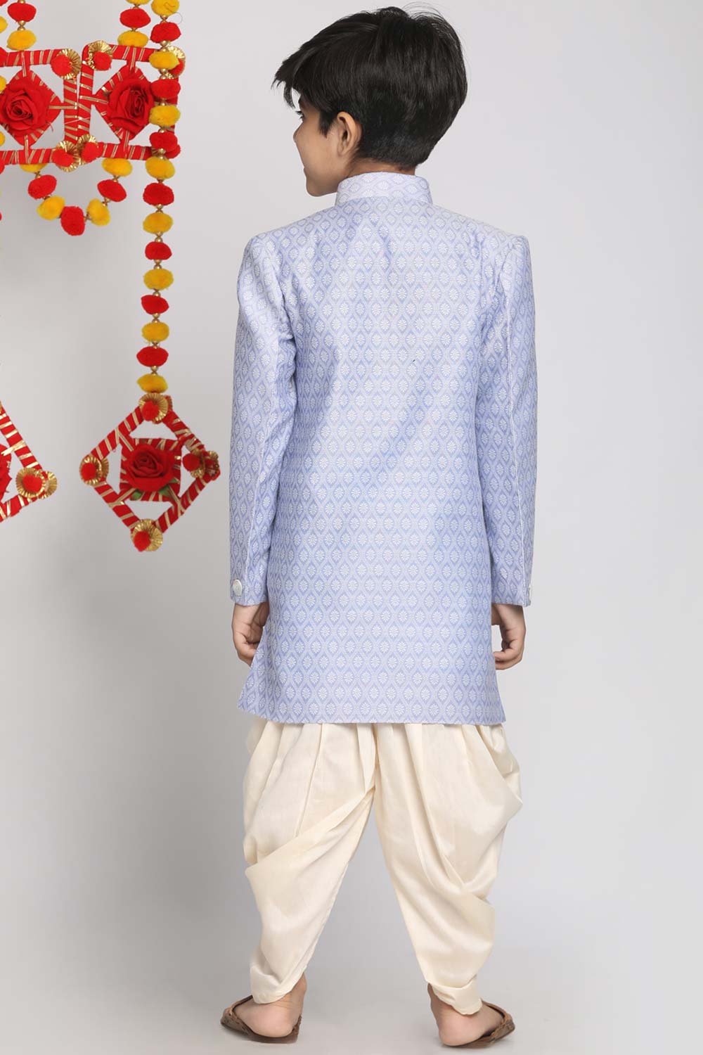 Buy Boy's Silk Blend Woven Design Indowestern Sherwani Set in Lavender - Back