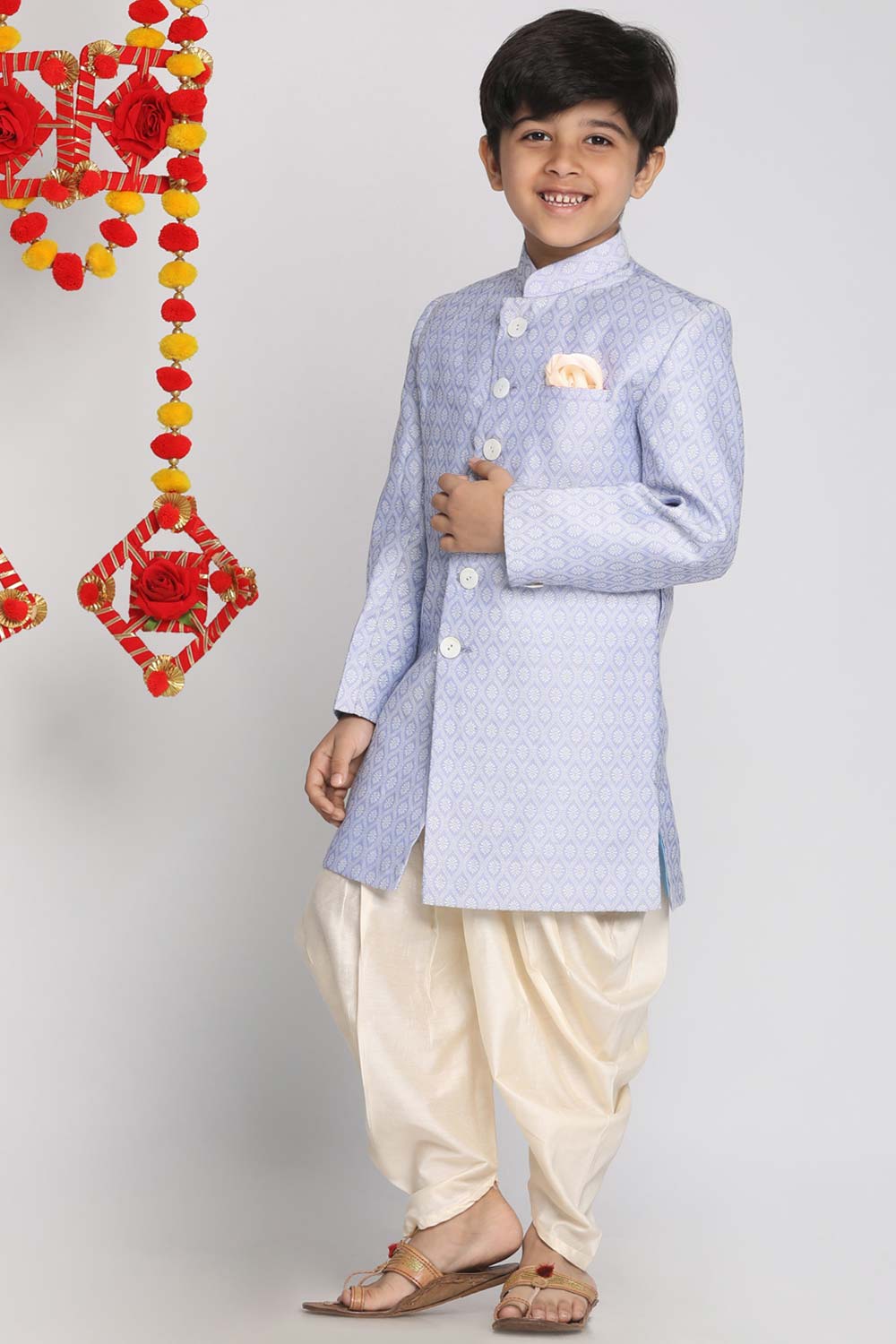 Buy Boy's Silk Blend Woven Design Indowestern Sherwani Set in Lavender - Zoom in
