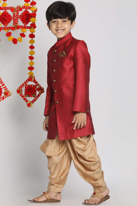 Buy Boy's Silk Blend Woven Design Indowestern Sherwani Set in Maroon - Front