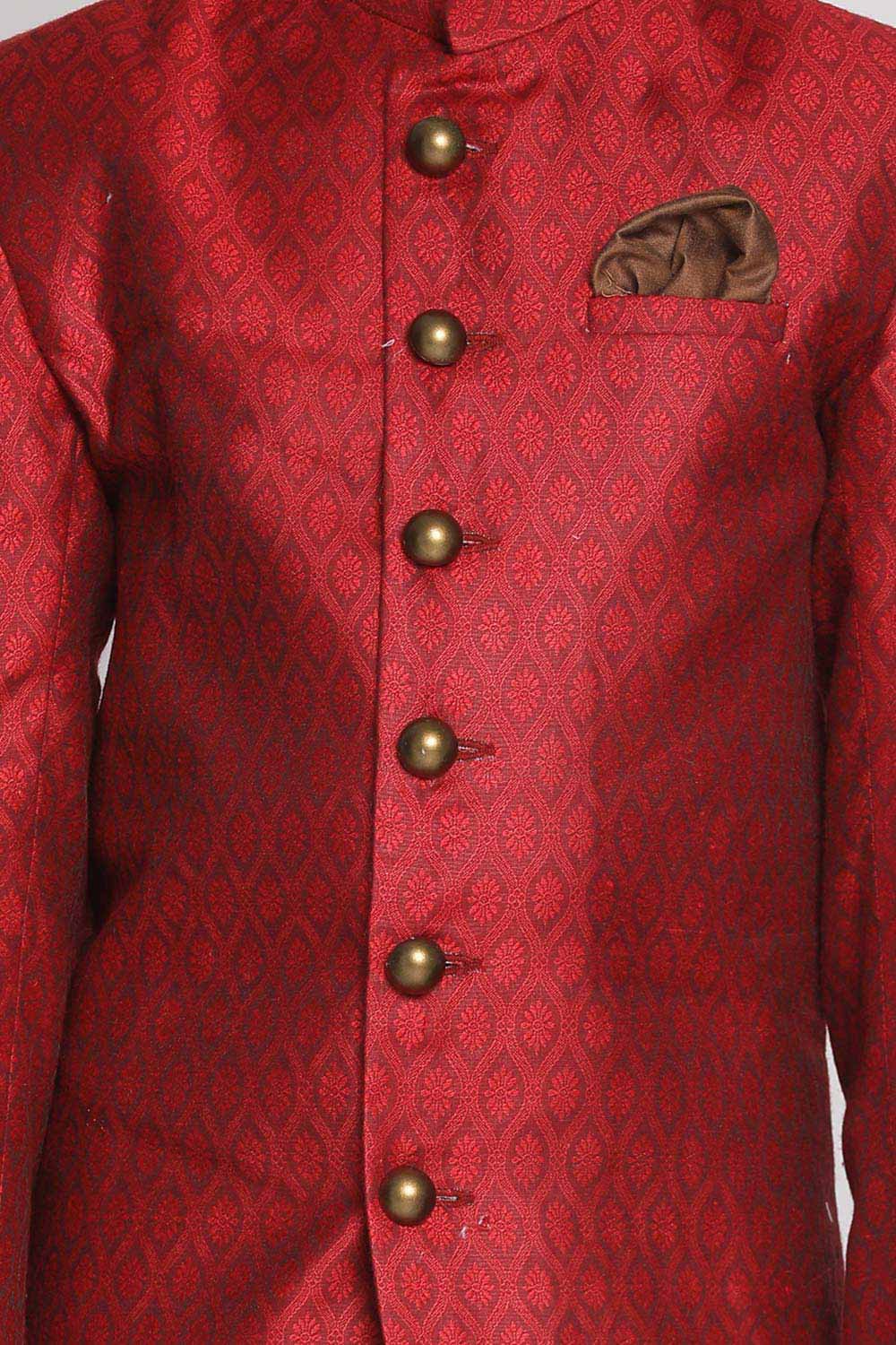 Buy Boy's Silk Blend Woven Design Indowestern Sherwani Set in Maroon - Side