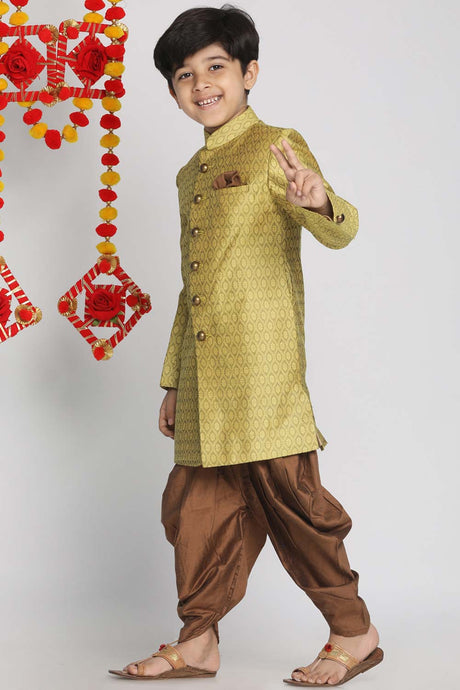 Buy Boy's Silk Blend Woven Design Indowestern Sherwani Set in Yellow - Front