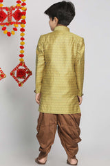 Buy Boy's Silk Blend Woven Design Indowestern Sherwani Set in Yellow - Back