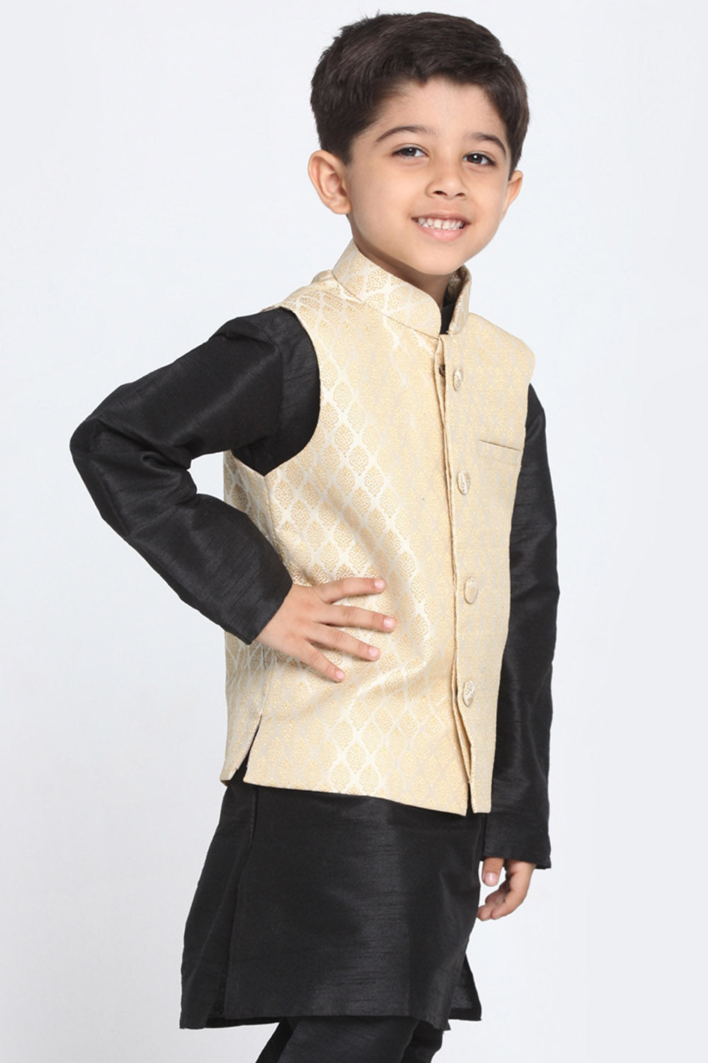 Boy's Cotton Art Silk Nehru Jacket In Beige