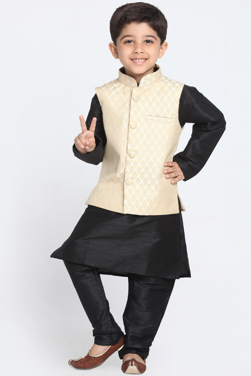 Boy's Cotton Art Silk Nehru Jacket In Beige