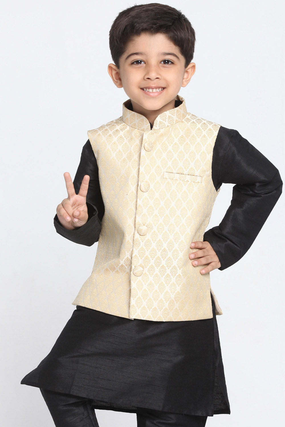 Boy's Cotton Art Silk Nehru Jacket In Beige