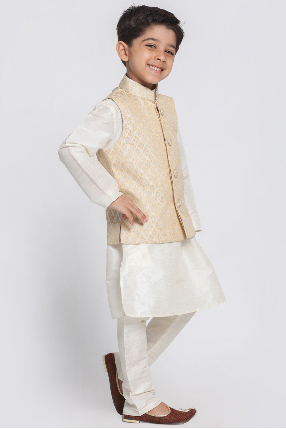 Boy's Cotton Art Silk Kurta Set In Beige