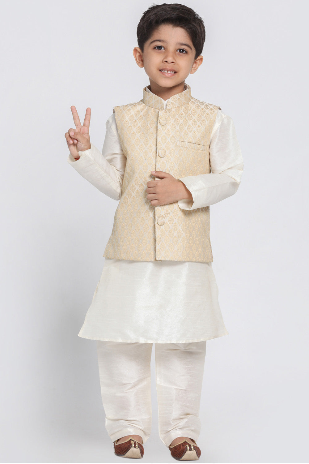 Boy's Cotton Art Silk Kurta Set In Beige