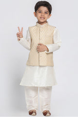 Boy's Cotton Art Silk Kurta Set In Beige