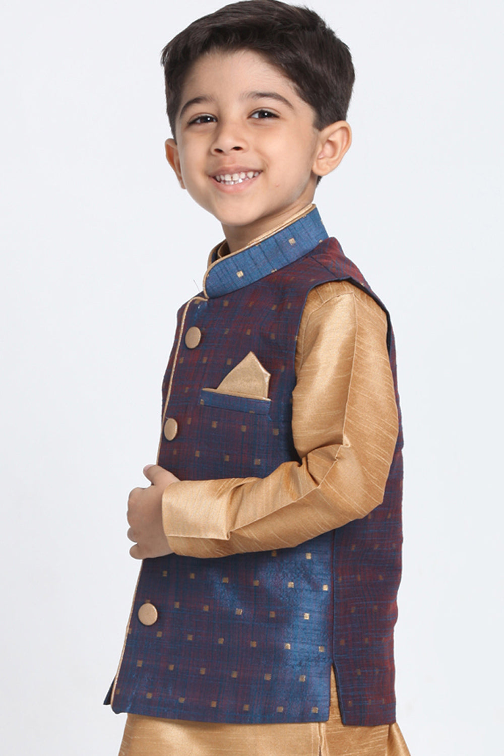 Boy's Cotton Art Silk Nehru Jacket In Deep Blue