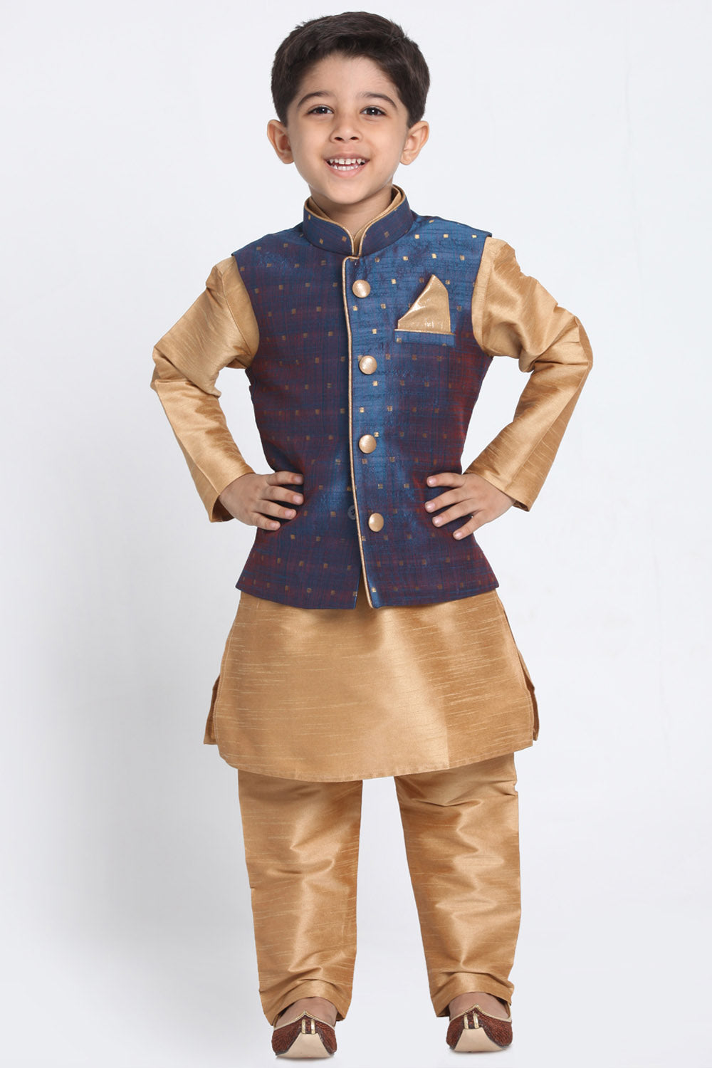 Boy's Cotton Art Silk Nehru Jacket In Deep Blue