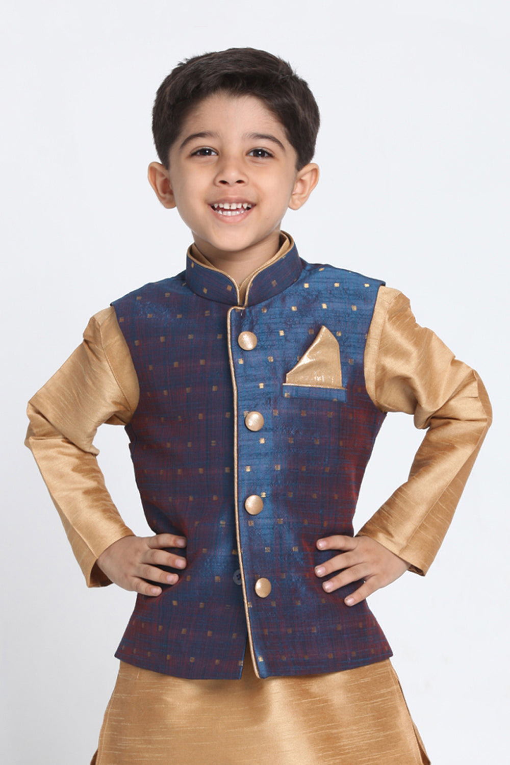 Boy's Cotton Art Silk Nehru Jacket In Deep Blue