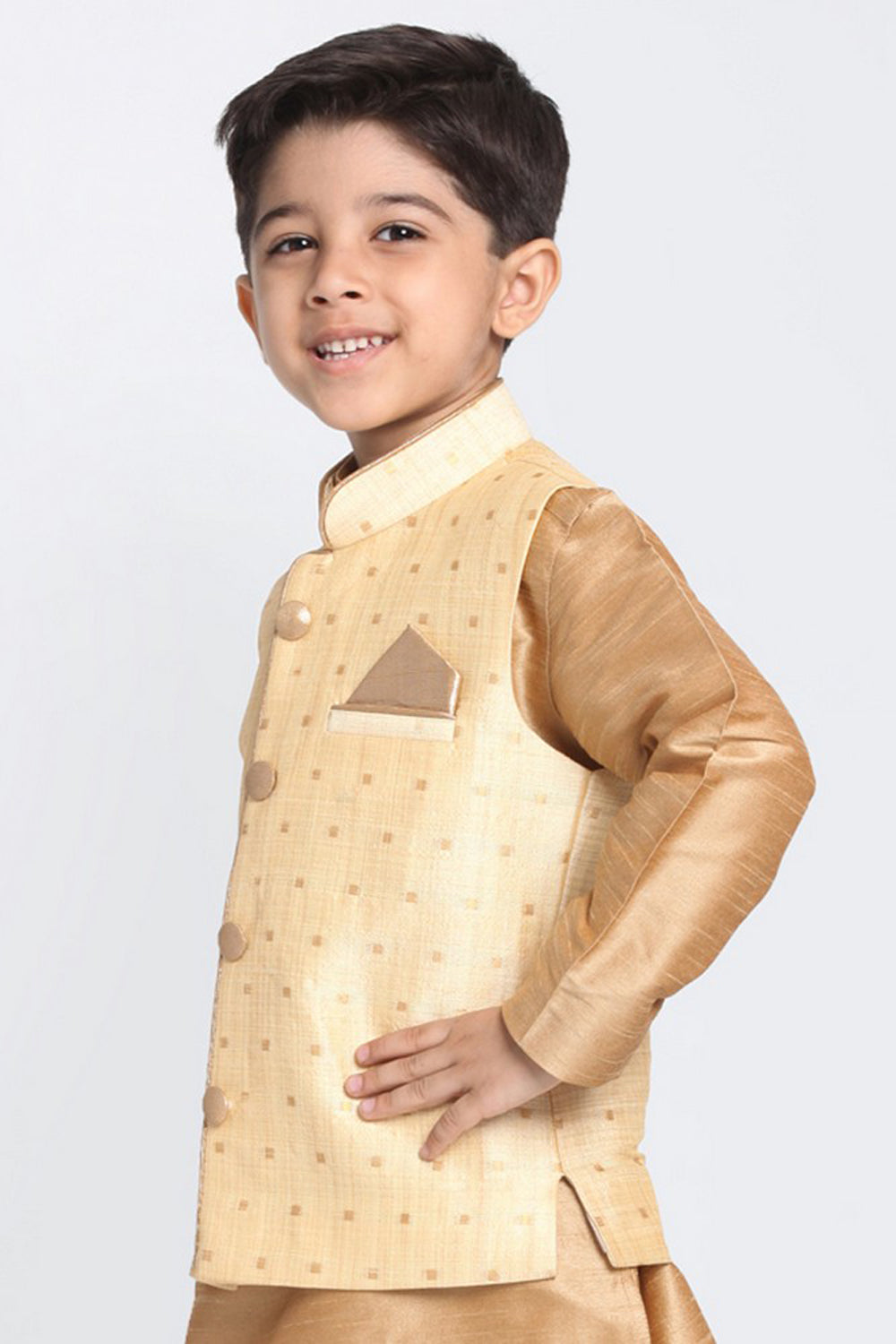 Boy's Cotton Art Silk Nehru Jacket In Gold