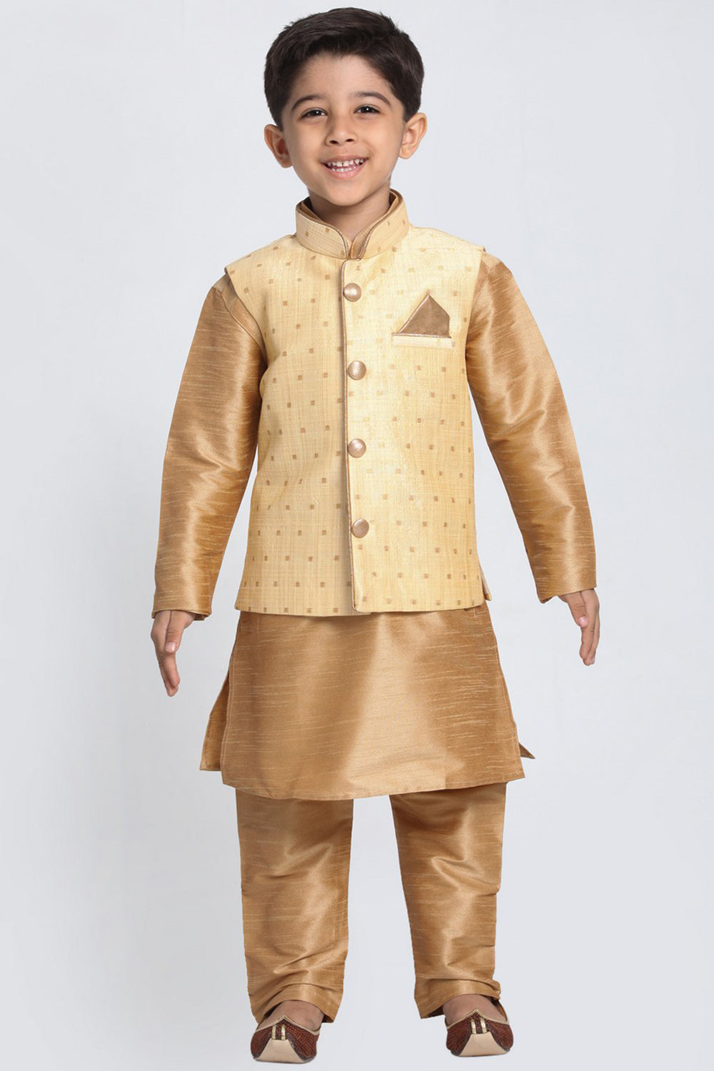 Boy's Cotton Art Silk Nehru Jacket In Gold