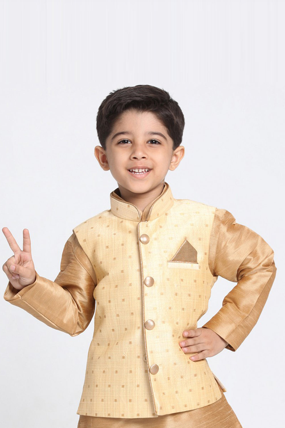 Boy's Cotton Art Silk Nehru Jacket In Gold