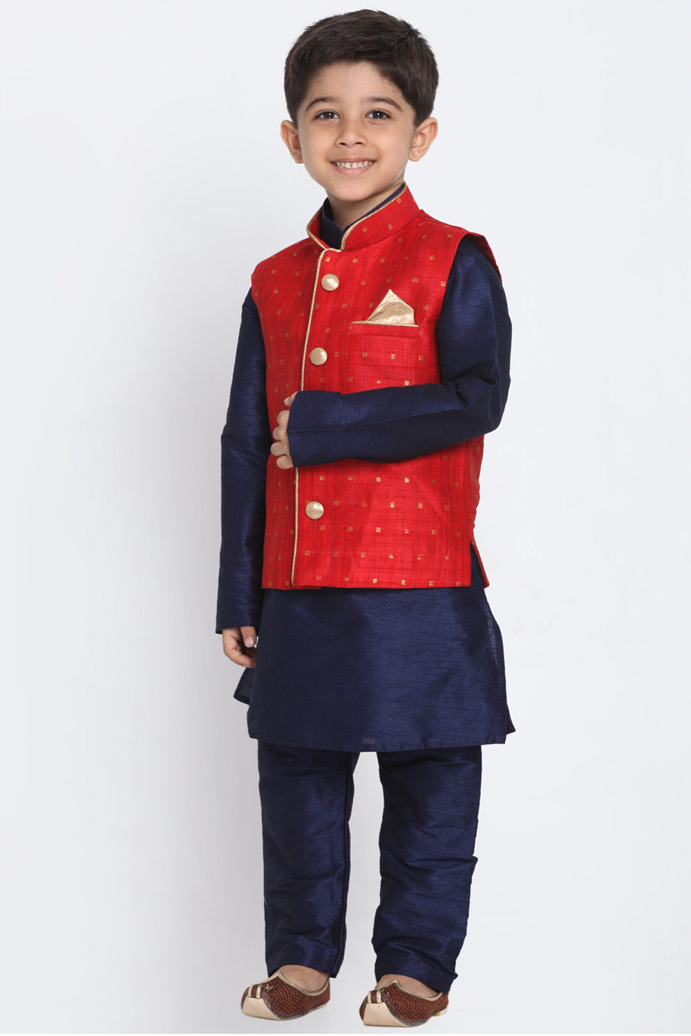 Boy's Cotton Art Silk Kurta Set In Navy Blue