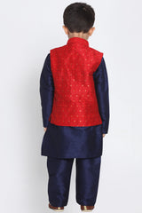 Boy's Cotton Art Silk Kurta Set In Navy Blue