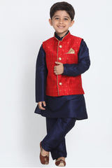 Boy's Cotton Art Silk Kurta Set In Navy Blue