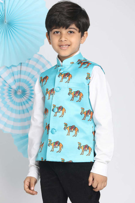 Buy Boy's Satin Animal Print Nehru Jacket in Blue - Front