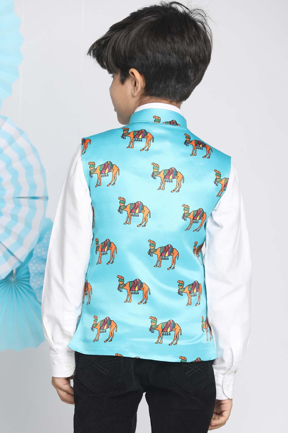 Buy Boy's Satin Animal Print Nehru Jacket in Blue - Back