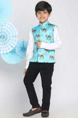 Buy Boy's Satin Animal Print Nehru Jacket in Blue - Zoom in